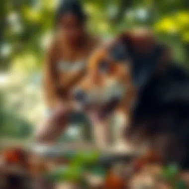 A pet owner observing their dog chewing thoughtfully