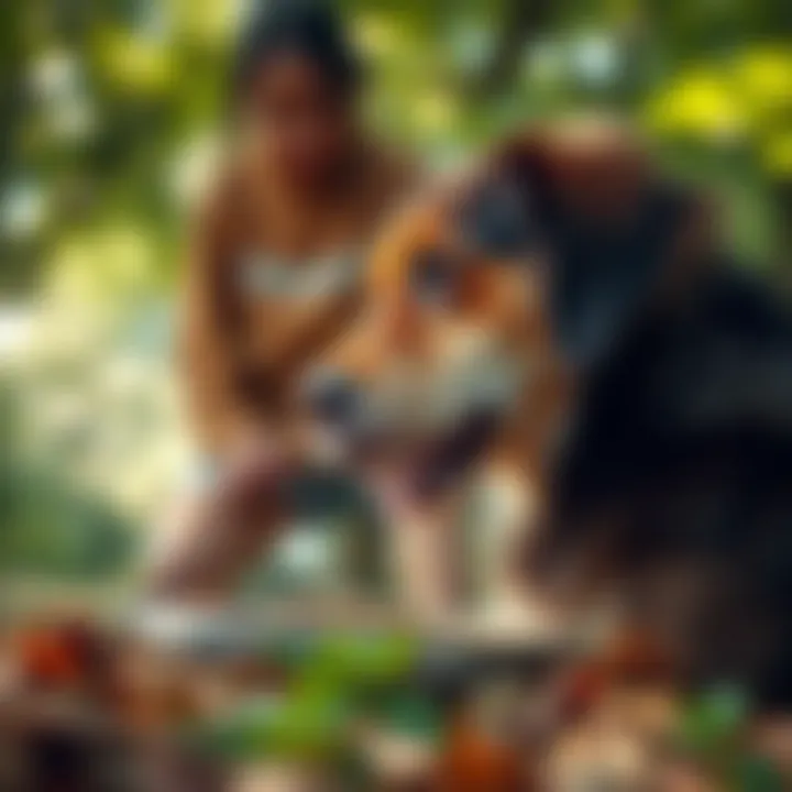 A pet owner observing their dog chewing thoughtfully