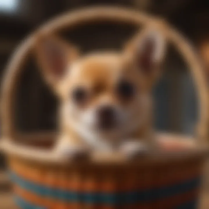 Chihuahua peeking curiously from a colorful artisan woven basket