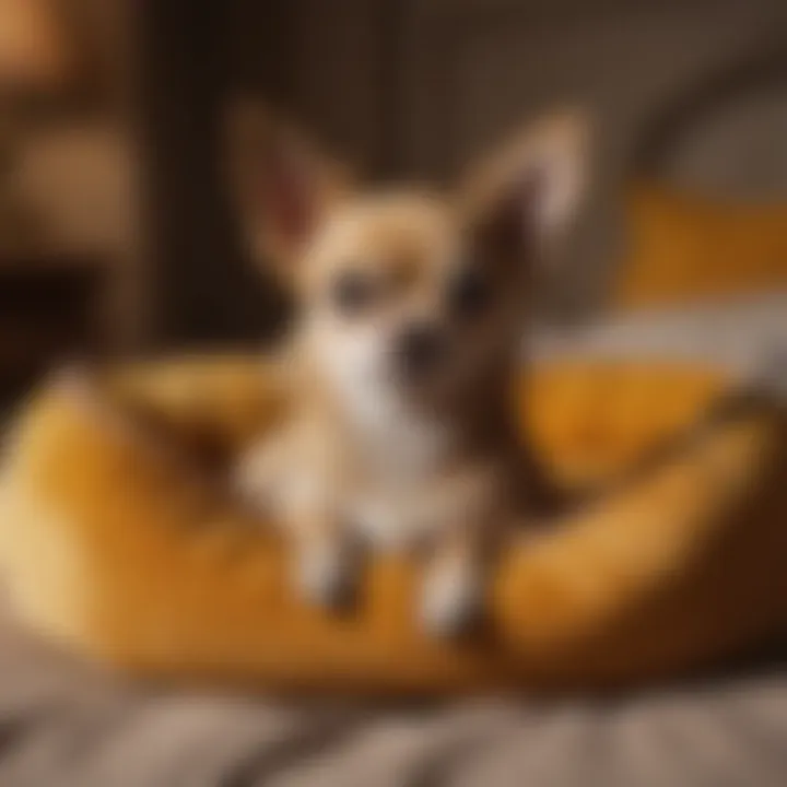 Chihuahua lounging in a luxurious small velvet dog bed