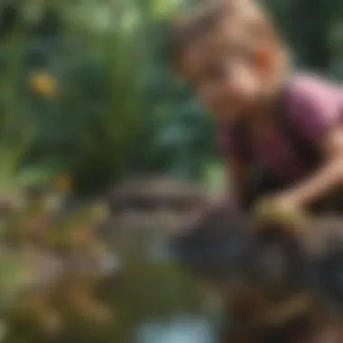 Illustration of a curious child observing a group of colorful frogs by a pond