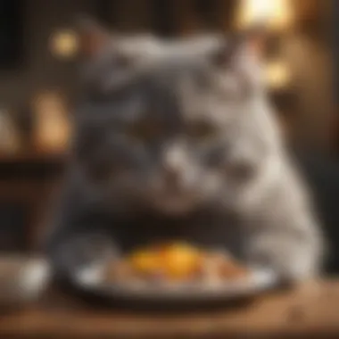 Elderly grey cat eating nutritious food