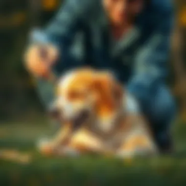 Owner supervising dog while chewing