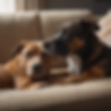 An affectionate dog snuggling with its owner on a sofa