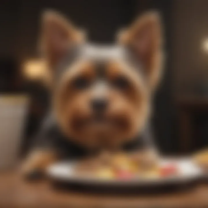 A close-up of a Yorkshire Terrier enjoying a nutritious meal.