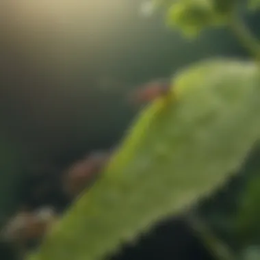 Close-up of aphids sucking sap from plant leaves