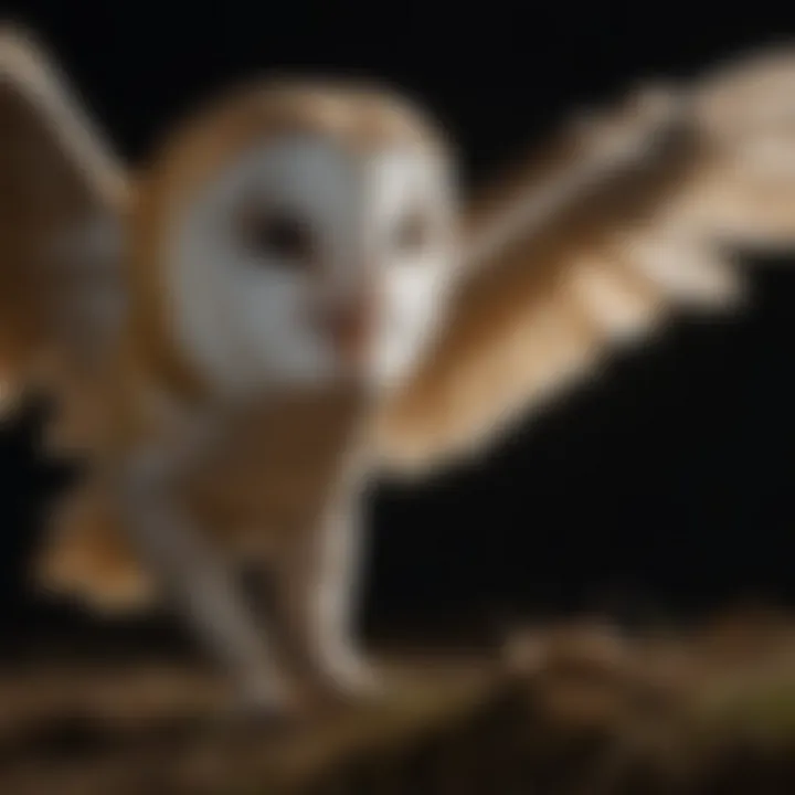 Close-up of barn owl hunting a small rodent in the dark night