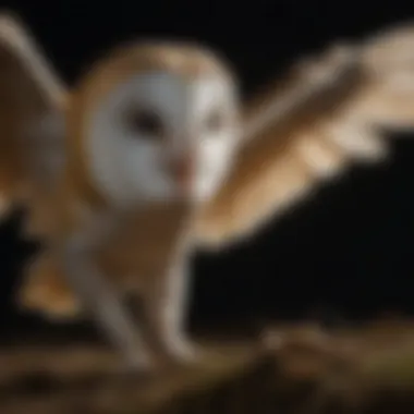 Silent Hunter: Barn Owl in Action Close-up of barn owl hunting a small rodent in the dark night