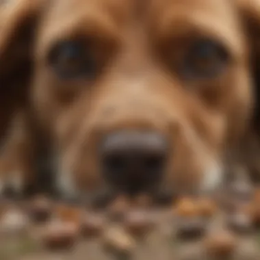 Close-up of rabbit feces and dog's reaction