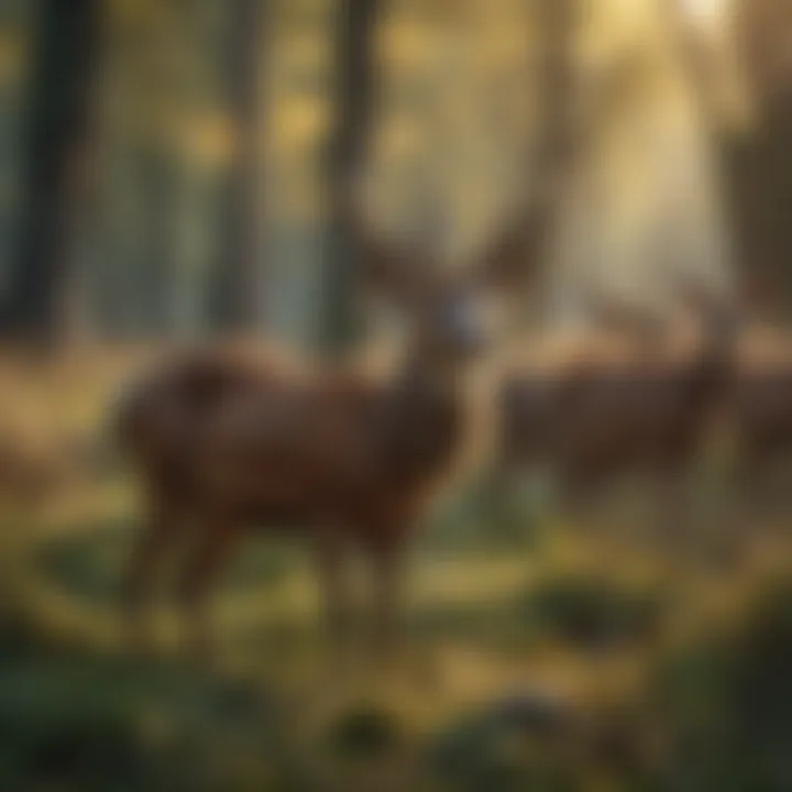 A herd of wild deer grazing peacefully in a sunlit forest clearing