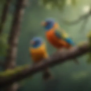 Vivid Avian Symphony Colorful birds perched on a tree branch