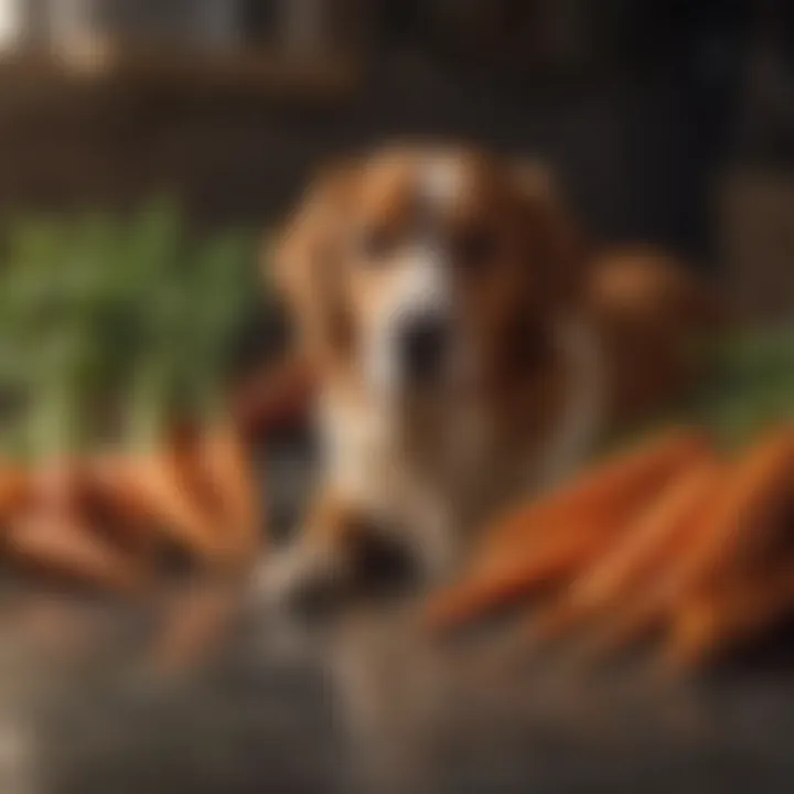 Assortment of colorful carrots with dog silhouette in the background