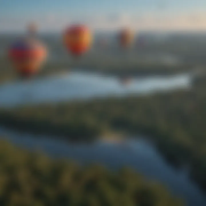 Colorful hot air balloons soaring above the scenic landscape of Lake Conroe