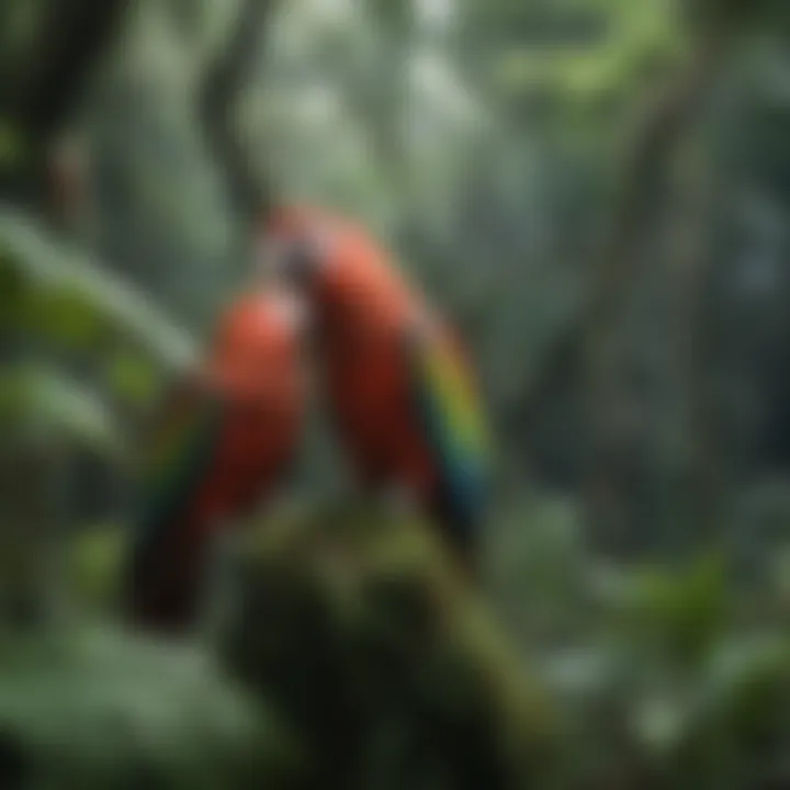 Colorful Parrots in Lush Rainforest Canopy