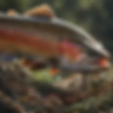 Colorful trout caught in a fishing net