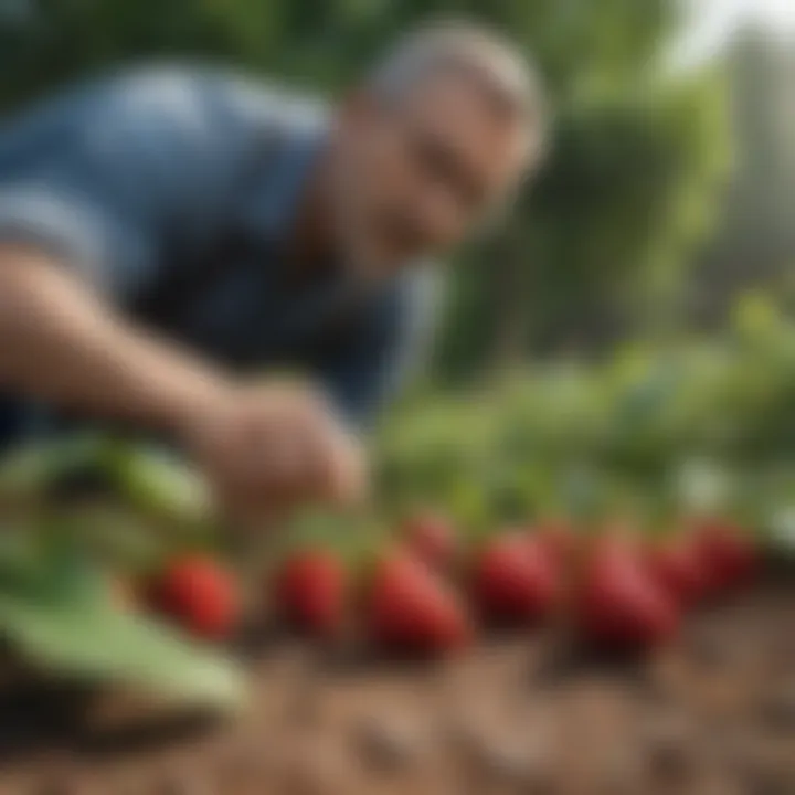 Gardener inspecting strawberry plants for optimal growth