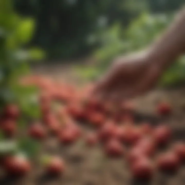 Hand picking fresh strawberries from the garden bed