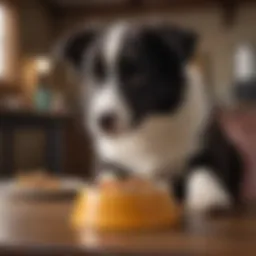 A healthy Border Collie puppy exploring its food bowl