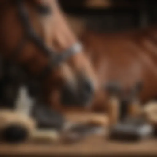 Assorted grooming tools for horses