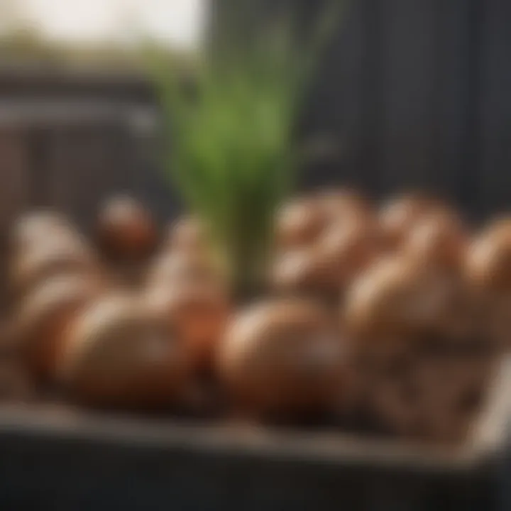 A container filled with rich soil for growing onions