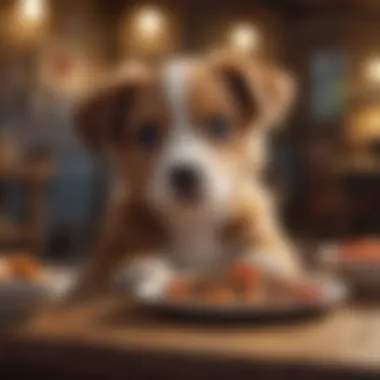 A joyful puppy enjoying its meal in a comfortable setting