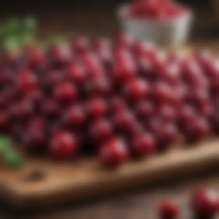 A selection of cranberries displayed on a wooden cutting board