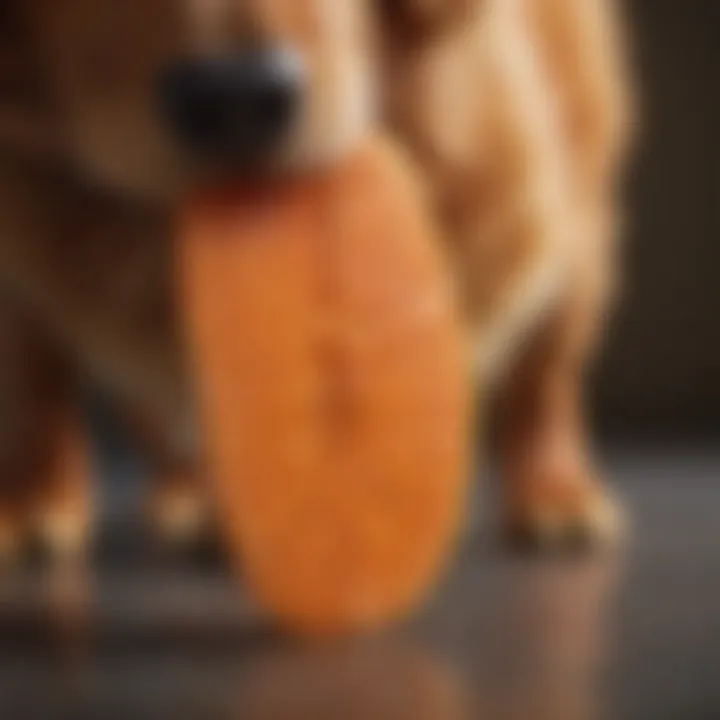 Close-up of a crunchy carrot slice with dog paw reaching for it