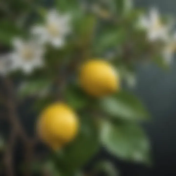 Close-up of lemon tree leaves and blossoms