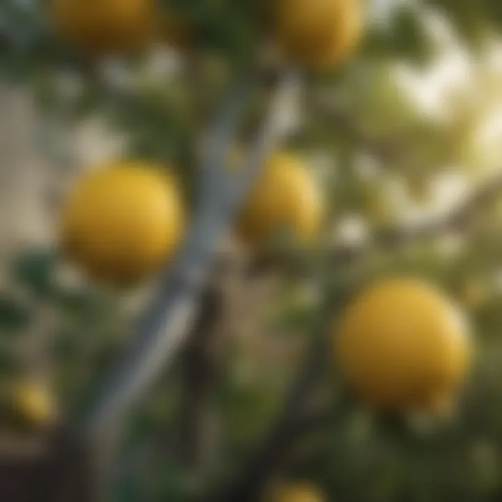 Pruning shears next to a lemon tree