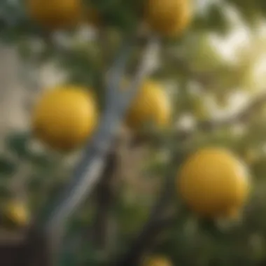Essential Tools for Pruning Lemon Trees Pruning shears next to a lemon tree
