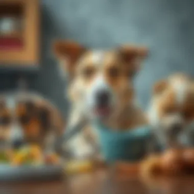 A dog of varying sizes enjoying its meal