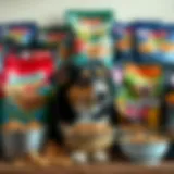 A variety of dog food options arranged neatly