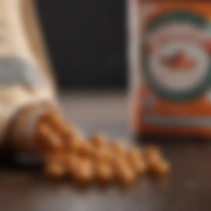 Close-up of fish oil capsules next to an open dog food bag.