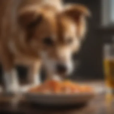Dog Enjoying Fish Oil Enhanced Meal A healthy dog enjoying a bowl of food complemented with fish oil drizzle.