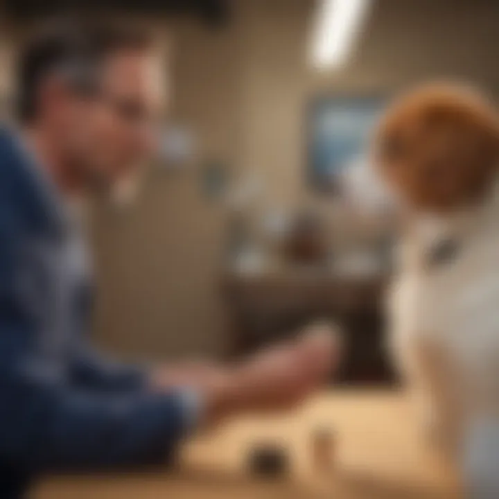 A veterinarian discussing fish oil dosage with a dog owner in a clinic.