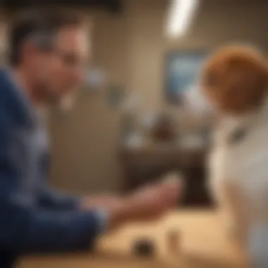 Veterinarian Consults on Fish Oil Dosage A veterinarian discussing fish oil dosage with a dog owner in a clinic.
