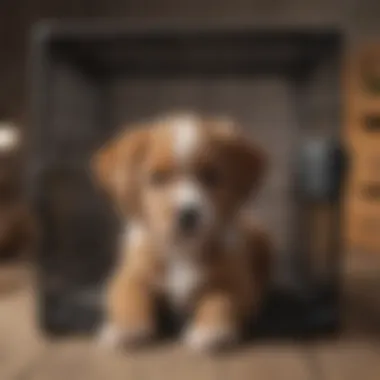 Adjusting a Puppy to Its New Crate A puppy comfortably adjusting to a crate environment