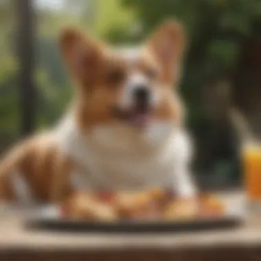 Corgi Enjoying a Nutritious Meal A happy Corgi enjoying a healthy meal in a sunny outdoor setting