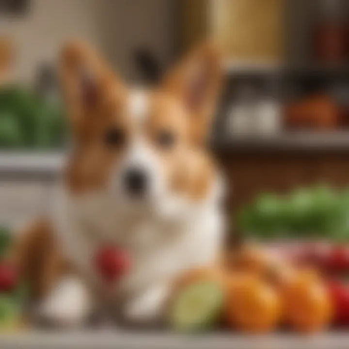 A close-up of various ingredients beneficial for Corgis' nutrition, including vegetables and meats