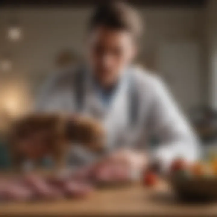 Veterinarian consulting with a puppy owner about raw meat diets.