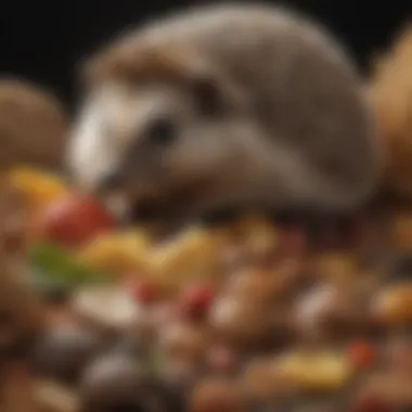 A close-up of various food items consumed by hedgehogs