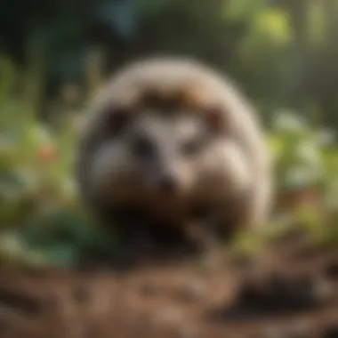 Hedgehog in a Garden Habitat A hedgehog exploring a garden environment full of plants