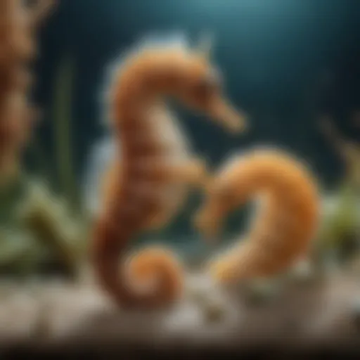 Close-up view of a seahorse feeding on small shrimp.