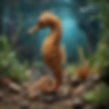 Seahorse Habitat and Diet Ecological illustration depicting seahorse habitats and their food sources.