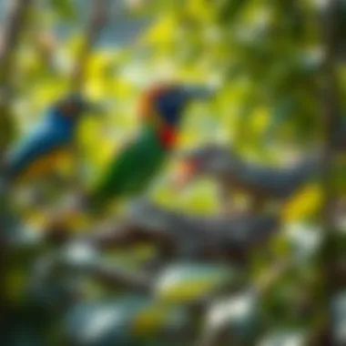 A vibrant ecosystem featuring birds and reptiles coexisting, symbolizing biodiversity.