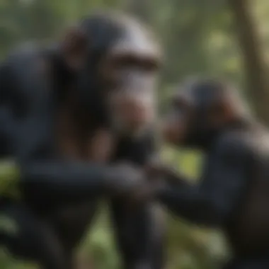 A group of chimpanzees engaging in nurturing behavior, indicating empathy and social bonds.