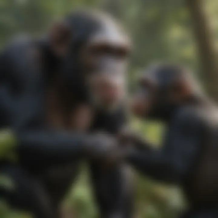 A group of chimpanzees engaging in nurturing behavior, indicating empathy and social bonds.