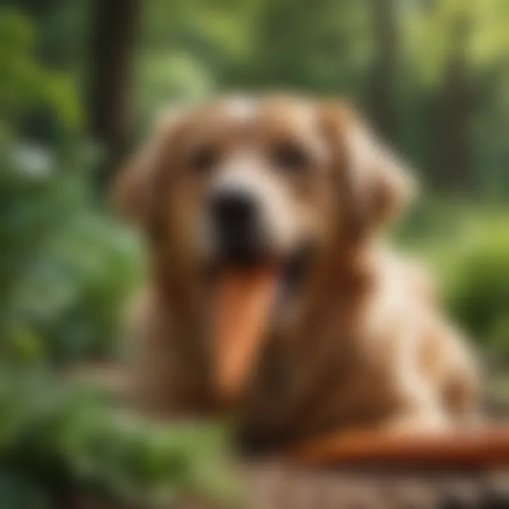 Dog enjoying a carrot snack in a green, leafy setting