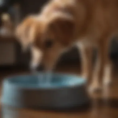 Dog enjoying water from raised, anti-gulping bowl