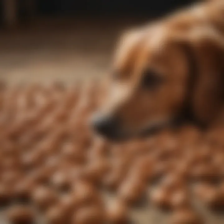 Dog sniffing at a pile of almonds